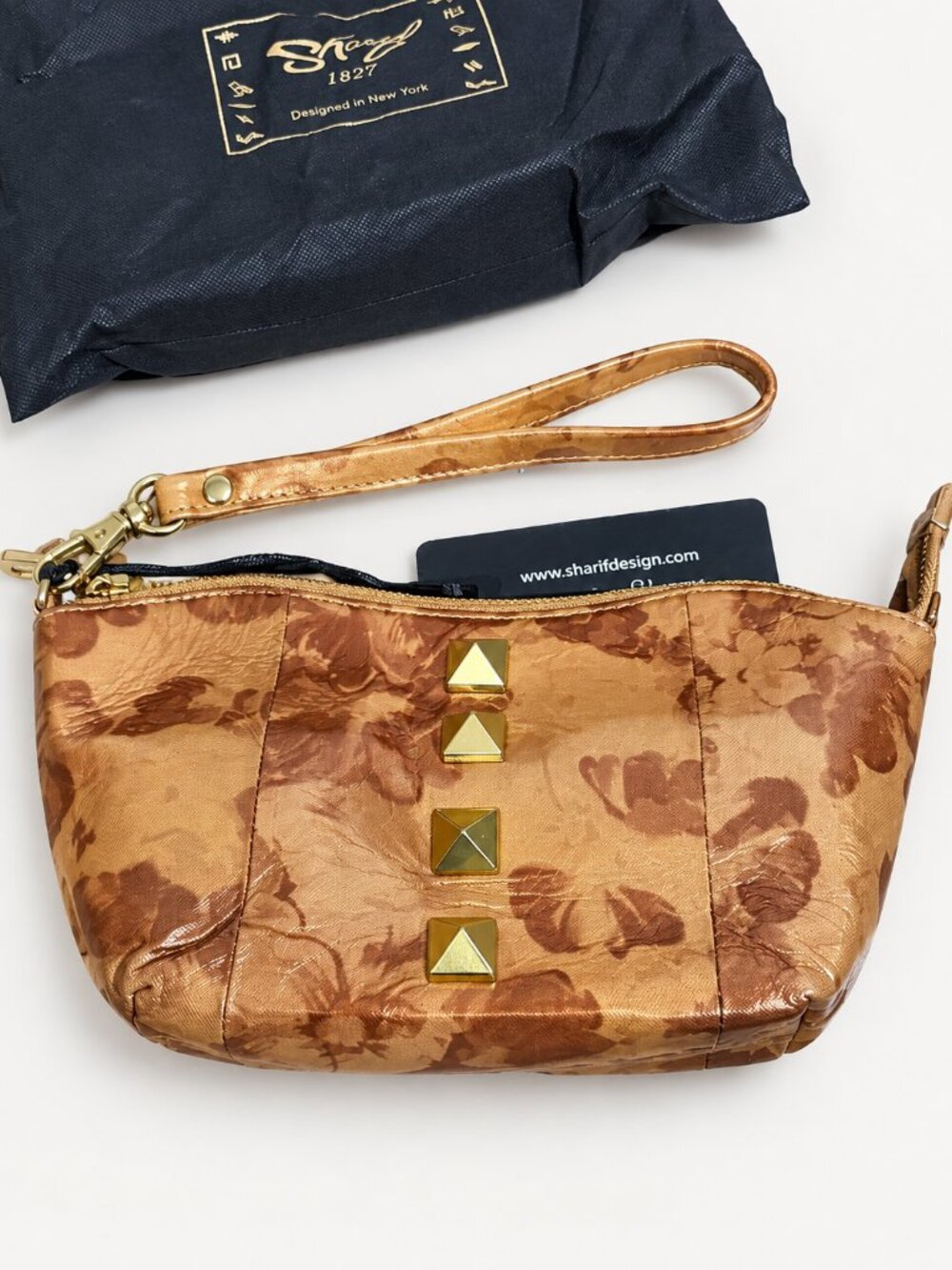 Sharif Legacy Bronze Floral Leather Studded Wristlet NWT